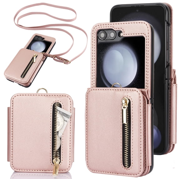 Allytechgroup Galaxy Z Flip 6 Wallet Case for Women Girls, Crossbody Shoulder Strap RFID Blocking Shockproof Cards Slots PU Leather Case Cover for Galaxy Z Flip6, Rosegold