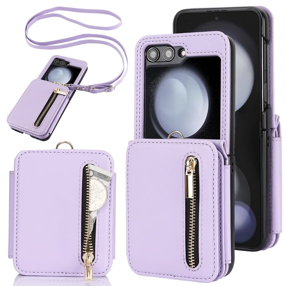 Allytechgroup Galaxy Z Flip 6 Wallet Case for Women Girls, Crossbody Shoulder Strap RFID Blocking Shockproof Cards Slots PU Leather Case Cover for Galaxy Z Flip6, Lightpurple