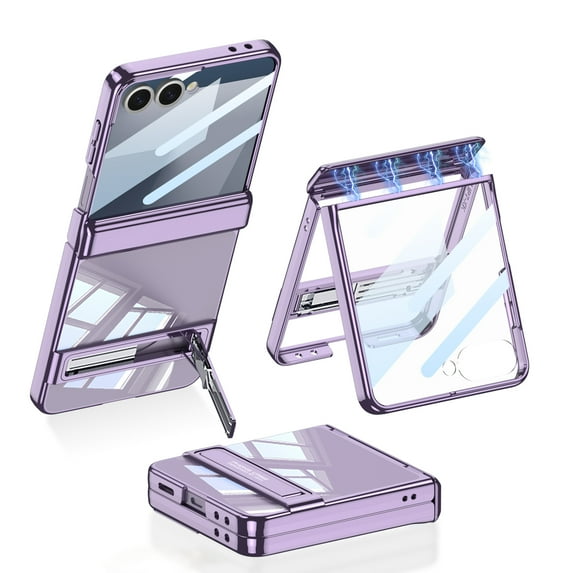 Allytechgroup Galaxy Z Flip 7 Case with Screen Protector, Clear Back Cover Anti-Scratch Not-Yellowing Magnetic Kickstand Bumper Rugged Slim Fit Phone Case for Samsung Galaxy Z Flip 7, Purple