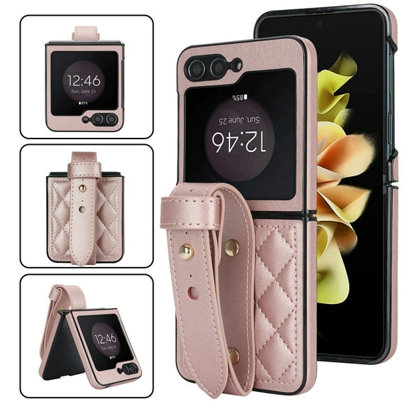Allytechgroup Galaxy Z Flip 7 Case with Strap, Premium PU Leather Slim Fit Anti-Scratch Stylish Design Shockproof Protective Phone Case Cover for Samsung Galaxy Z Flip 7, Rosegold