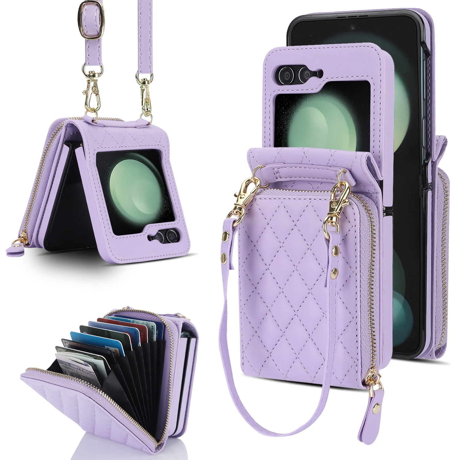 Allytechgroup Galaxy Z Flip 7 Wallet Case with Hand Wrist Shoulder Strap, Premium PU Leather Cards Slots Zipper Pocket Shockproof Protective Phone Case Cover for Samsung Galaxy Z Flip7, Purple