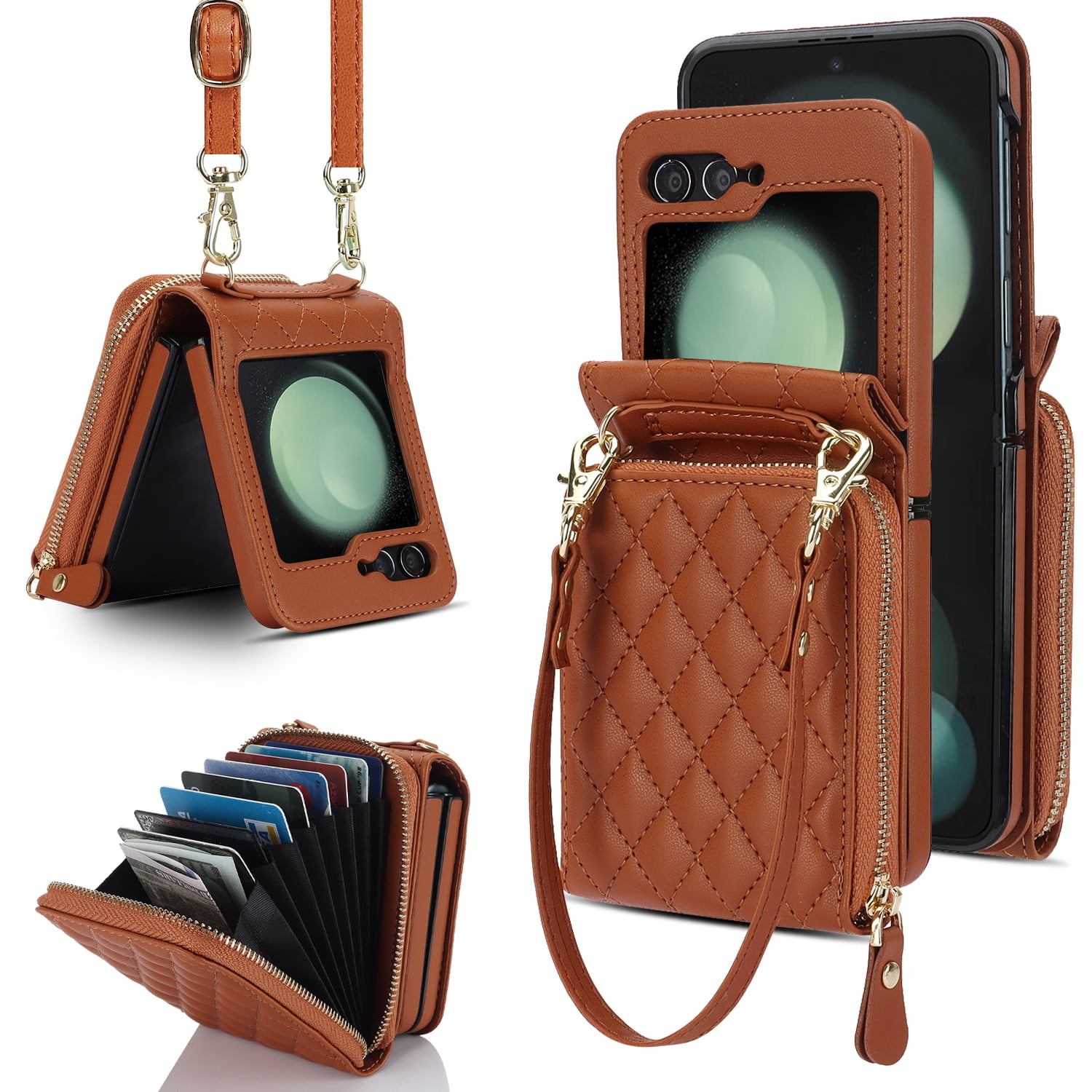 Allytechgroup Galaxy Z Flip 7 Wallet Case with Hand Wrist Shoulder Strap, Premium PU Leather Cards Slots Zipper Pocket Shockproof Protective Phone Case Cover for Samsung Galaxy Z Flip7, Brown