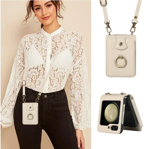 Allytechgroup Galaxy Z Flip 7 Wallet Case with Shoulder Strap, Premium PU Leather Back Cover Ring Holder Stand Cards Slots Shockproof Protective Phone Case for Samsung Galaxy Z Flip 7, Beige