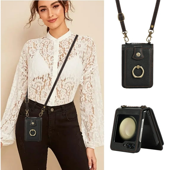 Allytechgroup Galaxy Z Flip 7 Wallet Case with Shoulder Strap, Premium PU Leather Back Cover Ring Holder Stand Cards Slots Shockproof Protective Phone Case for Samsung Galaxy Z Flip 7, Black