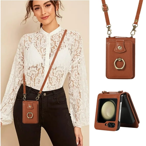 Allytechgroup Galaxy Z Flip 7 Wallet Case with Shoulder Strap, Premium PU Leather Back Cover Ring Holder Stand Cards Slots Shockproof Protective Phone Case for Samsung Galaxy Z Flip 7, Brown