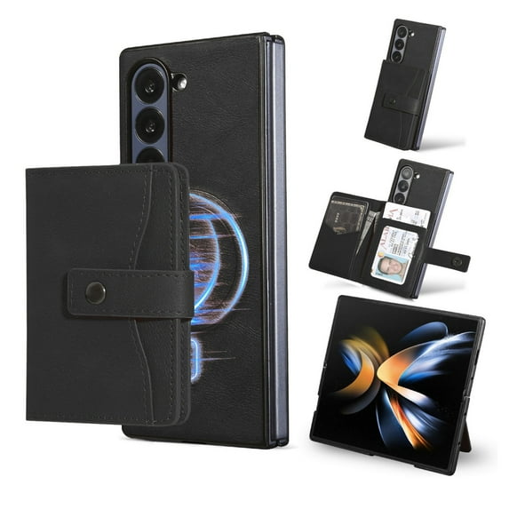 Allytechgroup Galaxy Z Fold 4 Case, Premium PU Leather 2 In 1 Wallet Phone Case for Samsung Galaxy Z Fold 4 with Card Holder Shockproof TPU Magnetic Cover Compatible with MagSafe & Car Mount,Black