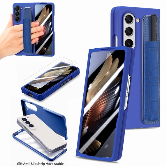 Allytechgroup Galaxy Z Fold 5 Case with Screen Protector, Shockproof Back Cover with Wristband Anti-Scratch Full Body Protective Bumper Phone Case for Samsung Galaxy Z Fold5, Blue