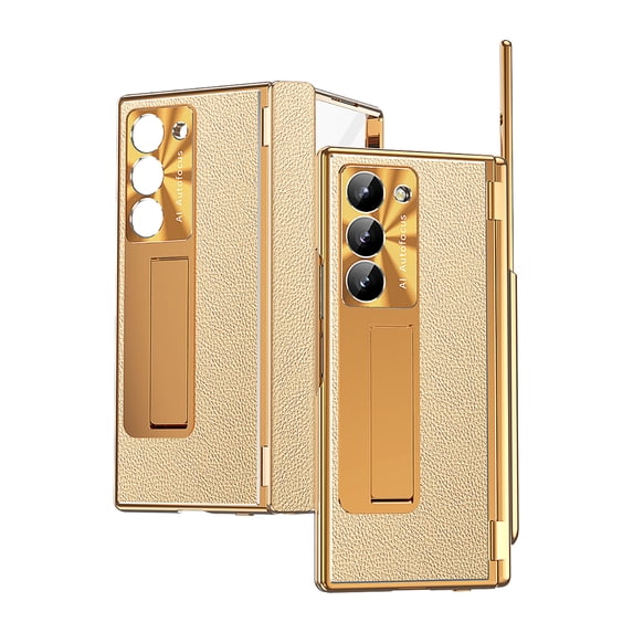Allytechgroup Galaxy Z Fold 6 Case with Screen Protector, S Pen Holder Kickstand Camera Lens Protector Hinge Protection Shockproof Phone Case for Samsung Galaxy Z Fold 6, Gold+Gold