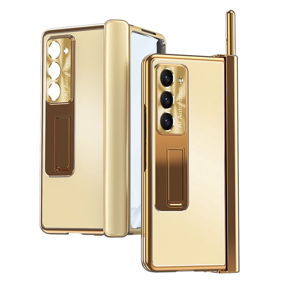Allytechgroup Galaxy Z Fold 6 Case with Screen Protector, S Pen Holder Kickstand Plating Back Cover Camera Lens Protector Bumper Rugged Hybrid Phone Case for Samsung Galaxy Z Fold 6, Gold + Dark Gold