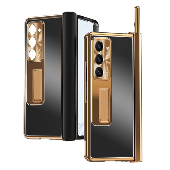 Allytechgroup Galaxy Z Fold 6 Case with Screen Protector, S Pen Holder Kickstand Plating Back Cover Camera Lens Protector Bumper Rugged Hybrid Phone Case for Samsung Galaxy Z Fold 6, Black + Dark Gold