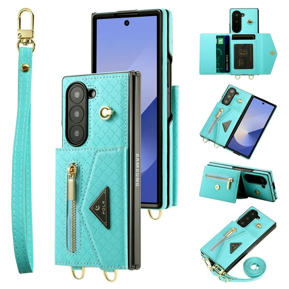 Allytechgroup Galaxy Z Fold 6 Case Wallet, Shockproof Phone Case with Zipper Pocket and Detachable Crossbody Shoulder Strap Protective Case Cover for Samsung Galaxy Z Fold 6, Cyan