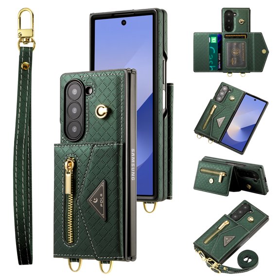 Allytechgroup Galaxy Z Fold 6 Case Wallet, Shockproof Phone Case with Zipper Pocket and Detachable Crossbody Shoulder Strap Protective Case Cover for Samsung Galaxy Z Fold 6, Darkgreen