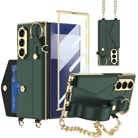 Allytechgroup Galaxy Z Fold 7 Case with Screen Protector, Premium PU Leather Wristband Metal Strap Wallet Case Cover with Cards Slots Shockproof Phone Case Shell for Samsung Galaxy Z Fold 7,Darkgreen