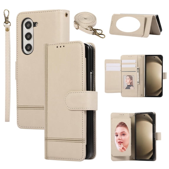 Allytechgroup Galaxy Z Fold 7 Wallet Case with Makeup Mirror + Hand Wrist + Crossybody Shoulder Strap, Retro Multiple Cards Slots Cash Pocket Flip Stand Cover for Samsung Galaxy Z Fold 7, Beige