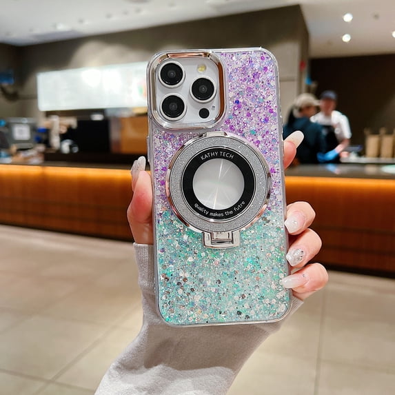 Allytechgroup Glitter Bling Apple iPhone 14 Pro Max Case, Compatible with Magsafe Shockproof with Ring Holder Gradient Color Design Slim Fit Phone Case for iPhone 14 Pro Max, Purple+Green