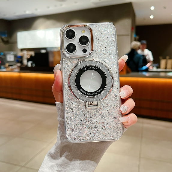 Allytechgroup Glitter Bling Apple iPhone 14 Pro Max Case, Compatible with Magsafe Shockproof with Ring Holder Gradient Color Design Slim Fit Phone Case for iPhone 14 Pro Max, Silver