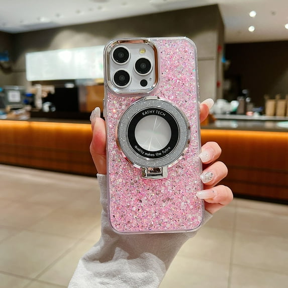 Allytechgroup Glitter Bling Apple iPhone 15 Pro Case, Compatible with Magsafe Shockproof with Ring Holder Gradient Color Design Slim Fit Phone Case for iPhone 15 Pro, Pink