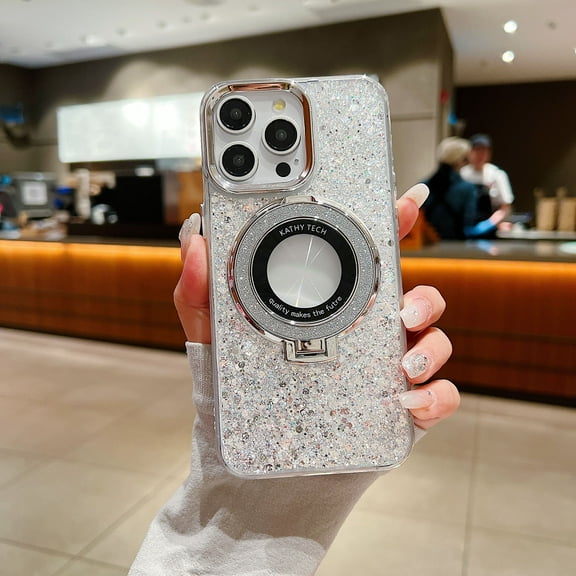 Allytechgroup Glitter Bling Apple iPhone 15 Pro Max Case, Compatible with Magsafe Shockproof with Ring Holder Gradient Color Design Slim Fit Phone Case for iPhone 15 Pro Max, Silver