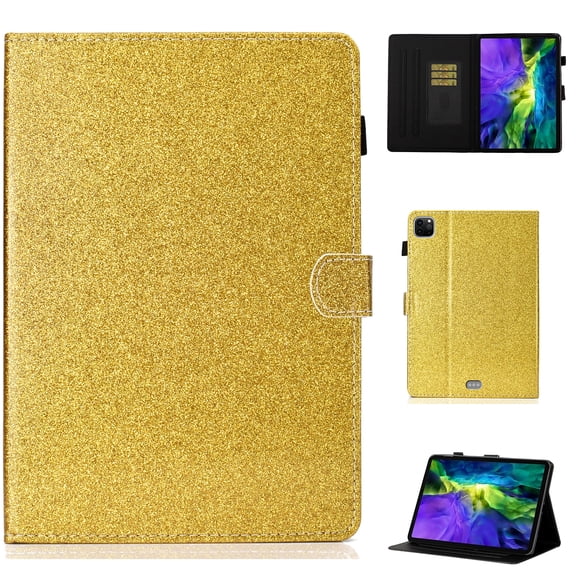 Allytechgroup Glitter Bling Case for Apple iPad Pro 11 Inch 2024 M4, PU Leather Slim Fit Bumper Auto Sleep Wake Protection Shockproof Kickstand Tablet Case for Girls Women, Gold