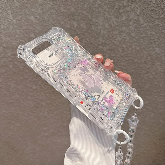 Allytechgroup Glitter Bling Case for Apple iPhone 14 Plus, Fasion Butterfly Design Hybrid TPU PC Rugged Bumper Back Cover with Stylish Lanyard Clear Shell for Girls Women, Silver
