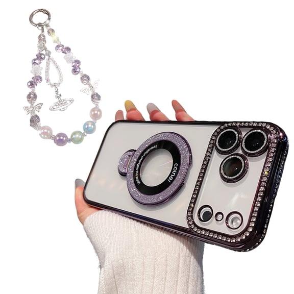 Allytechgroup Glitter Bling Case for Apple iPhone 14 Pro Max with Butterfly Lanyard, Diamond Rotating Ring Kickstand Shockproof Anti-Scratch Phone Cover Case for iPhone 14 Pro Max Women, Purple