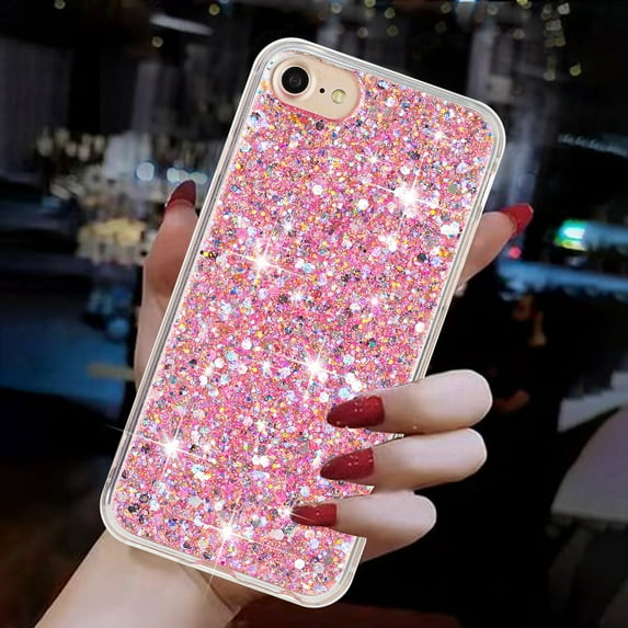 Allytechgroup Glitter Bling Case Compatible with Apple iPhone SE 2022/2020 3rd 2nd Gen iPhone 7 8 for Girls Women, Slim Fit Soft TPU Back Cover Anti-Scratch Bumper Shockproof Phone Case, Pink