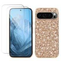 Allytechgroup Glitter Bling Case for Google Pixel 10 Pro XL with 2 Pcs Screen Protector, Slim Fit Anti-Scratch Bumper Shockproof Stylish Fashion Phone Case for Women Girls, Gold