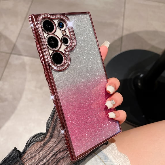 Allytechgroup Glitter Bling Case for Samsung Galaxy S23 Ultra, Frame with Sparkle Rhinestone Girly Case Luxury Back Cover Anti-Scratch Shockproof Phone Case for Galaxy S23 Ultra, Pink