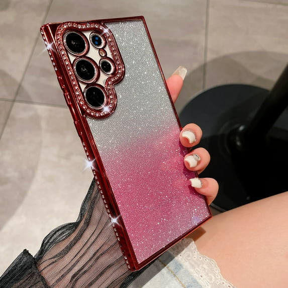 Allytechgroup Glitter Bling Case for Samsung Galaxy S25, Frame with Sparkle Rhinestone Girly Case Luxury Back Cover Anti-Scratch Shockproof Phone Case for Galaxy S25, Red