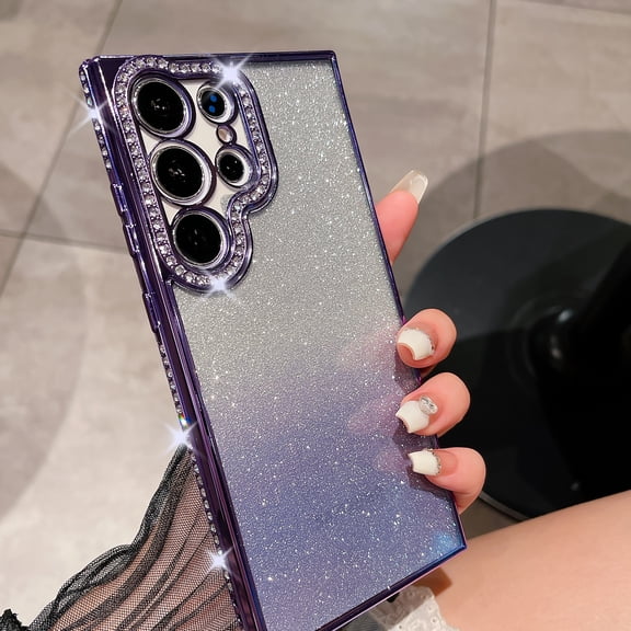 Allytechgroup Glitter Bling Case for Samsung Galaxy S25 Ultra, Frame with Sparkle Rhinestone Girly Case Luxury Back Cover Anti-Scratch Shockproof Phone Case for Galaxy S25 Ultra, Purple