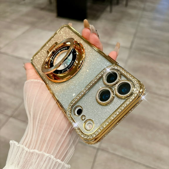 Allytechgroup Glitter Bling Case for iPhone 17 Pro, [Compatible with Magsafe] Slim Lightweight Crystal Embossed Shockproof Ring Holder Kickstand Drop Proof Cover for iPhone 17 Pro, Gold