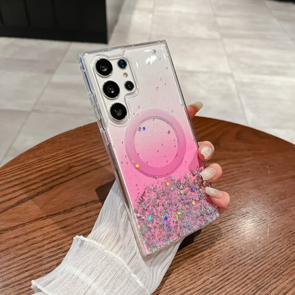 Allytechgroup Glitter Case for Samsung Galaxy S25 Ultra, Sparkle Magnetic Case Support Wireless Charging Slim Lightweight Shockproof Anti-Scratch Back Protective Phone Cover for Women Men, Pink