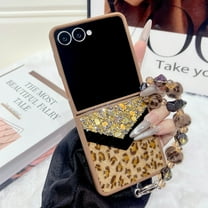 Allytechgroup Glitter Case for Samsung Galaxy Z Flip 7, Built-in Bling Sparkly Diamond Rhinestones Wrist Strap Slim Lightweight Non-Slip Shockproof Protective Back Cover for Women Girls, Gold