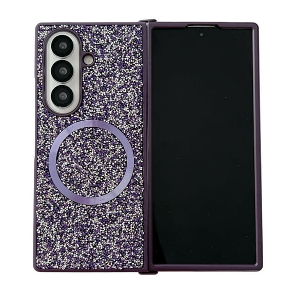 Allytechgroup Glitter Case for Samsung Galaxy Z Fold 3, Sparkly Shockproof Non-Slip Back Cover with Magnetic Ring Support Wireless Charging PC+TPU Anti-Scratch Protective Case for Women Girls, Purple