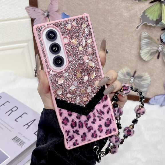 Allytechgroup Glitter Case for Samsung Galaxy Z Fold 5, Built-in Bling Sparkly Diamond Rhinestones Wrist Strap Slim Lightweight Non-Slip Shockproof Protective Back Cover for Women Girls, Pink