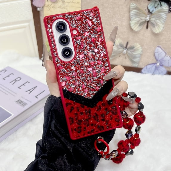 Allytechgroup Glitter Case for Samsung Galaxy Z Fold 5, Built-in Bling Sparkly Diamond Rhinestones Wrist Strap Slim Lightweight Non-Slip Shockproof Protective Back Cover for Women Girls, Red