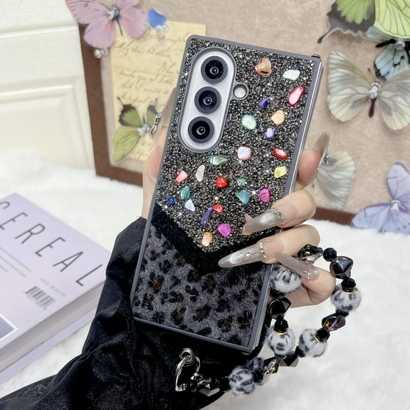 Allytechgroup Glitter Case for Samsung Galaxy Z Fold 6, Built-in Bling Sparkly Diamond Rhinestones Wrist Strap Slim Lightweight Non-Slip Shockproof Protective Back Cover for Women Girls, Black
