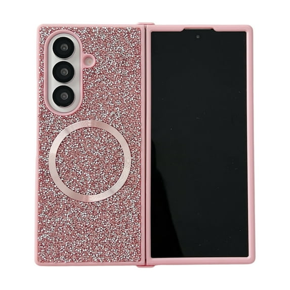 Allytechgroup Glitter Case for Samsung Galaxy Z Fold 6, Sparkly Shockproof Non-Slip Back Cover with Magnetic Ring Support Wireless Charging PC+TPU Anti-Scratch Protective Case for Women Girls, Pink