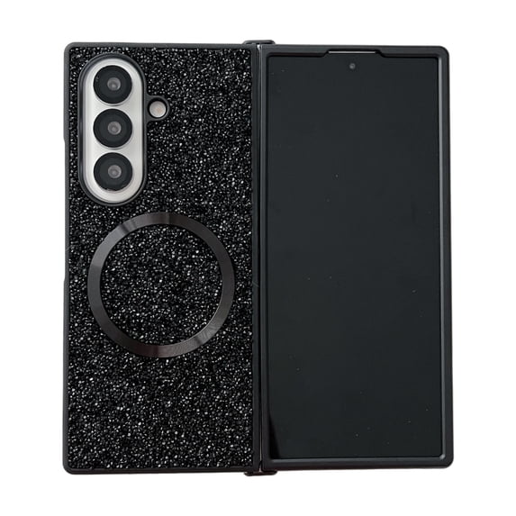 Allytechgroup Glitter Case for Samsung Galaxy Z Fold 7, Sparkly Shockproof Non-Slip Back Cover with Magnetic Ring Support Wireless Charging PC+TPU Anti-Scratch Protective Case for Women Girls, Black