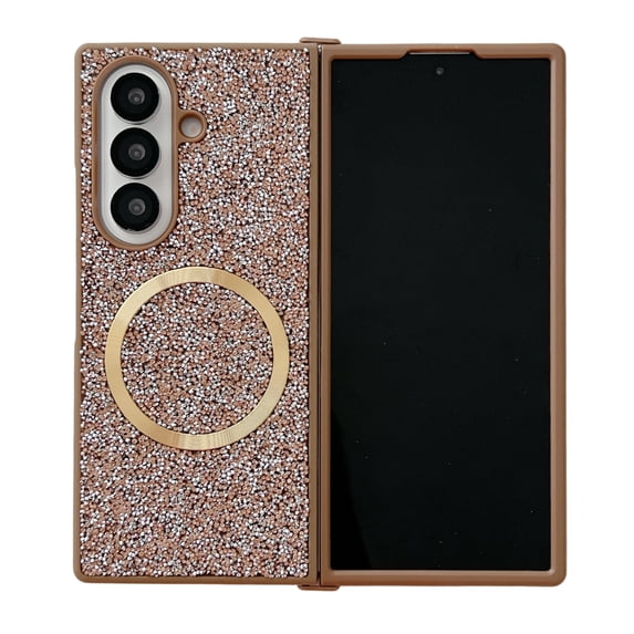 Allytechgroup Glitter Case for Samsung Galaxy Z Fold 7, Sparkly Shockproof Non-Slip Back Cover with Magnetic Ring Support Wireless Charging PC+TPU Anti-Scratch Protective Case for Women Girls, Gold