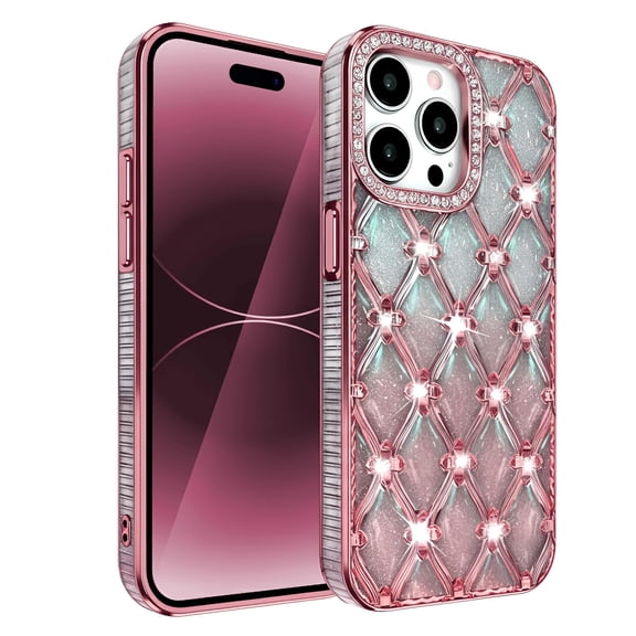 Allytechgroup Glitter Case for iPhone 13 Pro Max, Slim Lightweight Hard PC Rugged with Bling Sparkly Diamond Rhinestones Anti-Fingerprint Non-Slip Shockproof Back Cover for iPhone 13 Pro Max, Pink