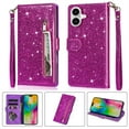thumbnail image 1 of Allytechgroup Glitter Case for iPhone 16, Bling PU Leather Flip Folio Stand Cards Holder Anti-Scratch Shockproof Bumper Wallet Case Cover for iPhone 16, Purple, 1 of 4