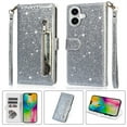 thumbnail image 1 of Allytechgroup Glitter Case for iPhone 16, Bling PU Leather Flip Folio Stand Cards Holder Anti-Scratch Shockproof Bumper Wallet Case Cover for iPhone 16, Silver, 1 of 5
