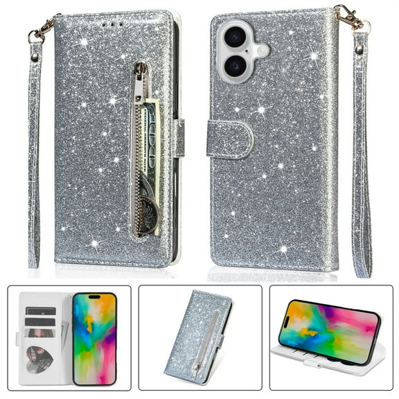 Allytechgroup Glitter Case for iPhone 16, Bling PU Leather Flip Folio Stand Cards Holder Anti-Scratch Shockproof Bumper Wallet Case Cover for iPhone 16, Silver