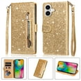 thumbnail image 1 of Allytechgroup Glitter Case for iPhone 16 Plus, Bling PU Leather Flip Folio Stand Cards Holder Anti-Scratch Shockproof Bumper Wallet Case Cover for iPhone 16 Plus, Gold, 1 of 4