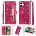 thumbnail image 1 of Allytechgroup Glitter Case for iPhone 16 Plus, Bling PU Leather Flip Folio Stand Cards Holder Anti-Scratch Shockproof Bumper Wallet Case Cover for iPhone 16 Plus, Rose, 1 of 4