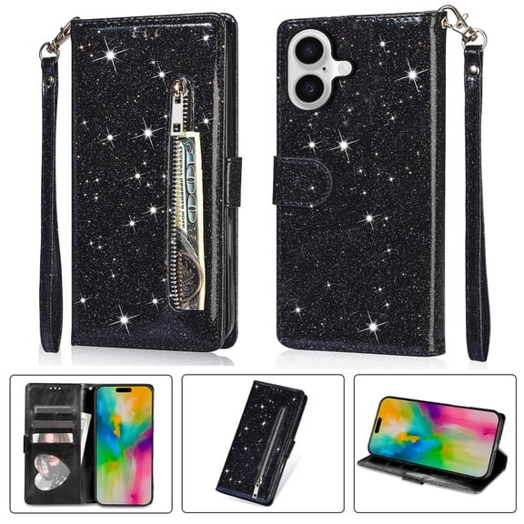 Allytechgroup Glitter Case for iPhone 16 Plus, Bling PU Leather Flip Folio Stand Cards Holder Anti-Scratch Shockproof Bumper Wallet Case Cover for iPhone 16 Plus, Black