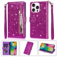 thumbnail image 1 of Allytechgroup Glitter Case for iPhone 16 Pro, Bling PU Leather Flip Folio Stand Cards Holder Anti-Scratch Shockproof Bumper Wallet Case Cover for iPhone 16 Pro, Purple, 1 of 4