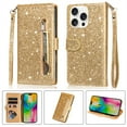 thumbnail image 1 of Allytechgroup Glitter Case for iPhone 16 Pro, Bling PU Leather Flip Folio Stand Cards Holder Anti-Scratch Shockproof Bumper Wallet Case Cover for iPhone 16 Pro, Gold, 1 of 5
