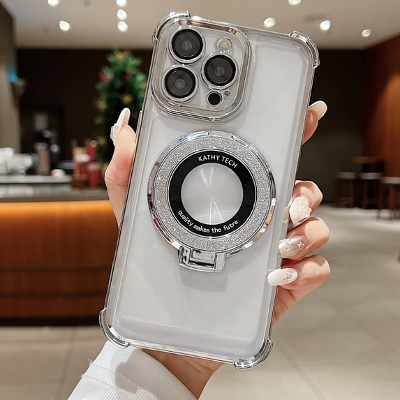 Allytechgroup Glitter Case for iPhone 17, Clear Back Cover with Ring Holder Compatible with Magsafe Wireless Charging Anti-Yellow Shockproof Phone Case for iPhone 17, Silver